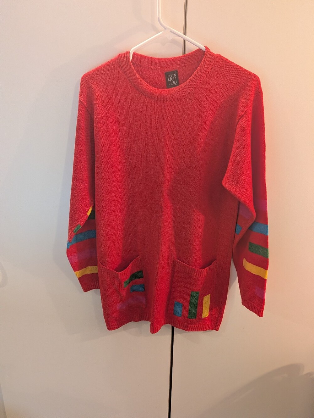 Helen Hsu Woman's XS Red Crewneck Sweater with Multicolor Stripe Accents